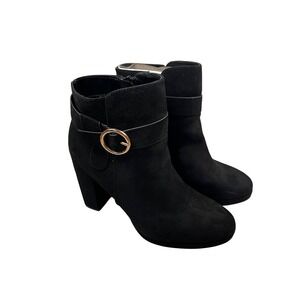 Lauren Conrad Black Suede Ankle Booties with Gold Buckle Detail Women's size 8.5